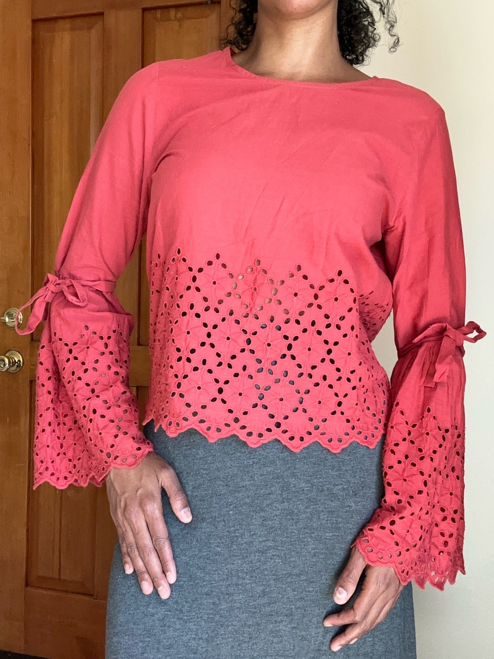 Women's Coral Eyelet Bell Sleeve Top
